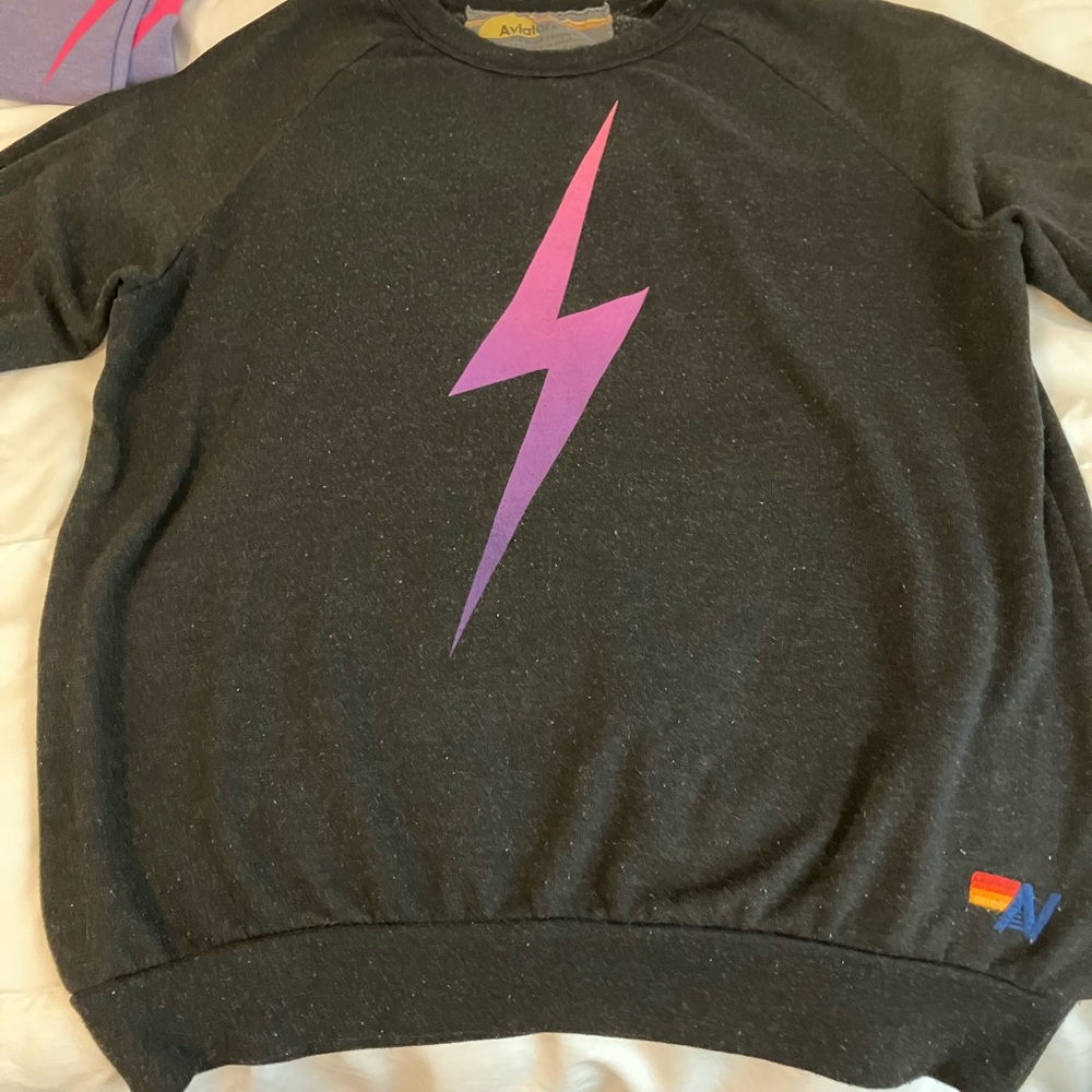 Aviator Nation Charcoal Sweater with Magenta Lightning Bolt